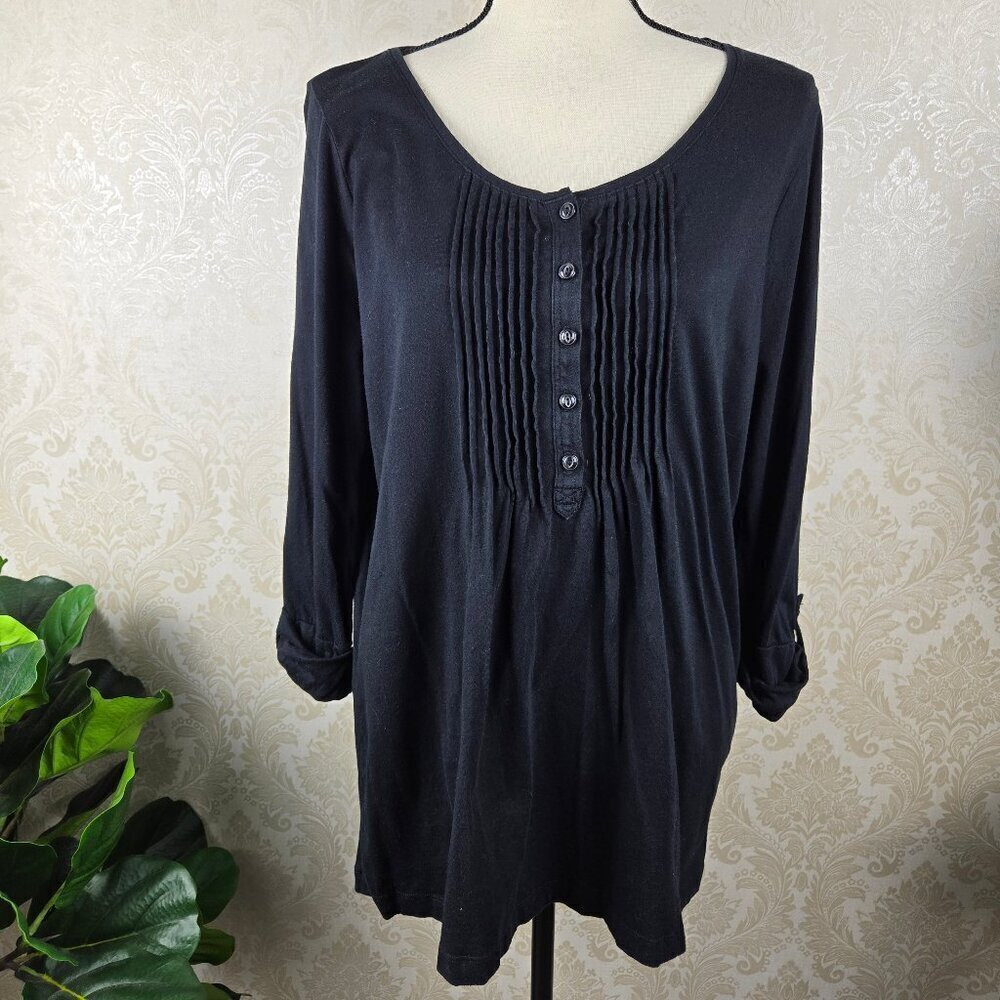 Lauren Ralph Lauren Size 1X Black Pintuck Blouse 3/4 Rolled Cuff Sleeves Cotton